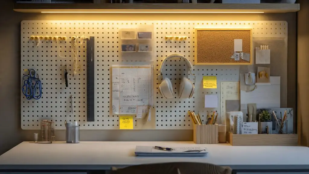 DIY pegboard study wall organizer above student desk with hooks, calendar, and notes