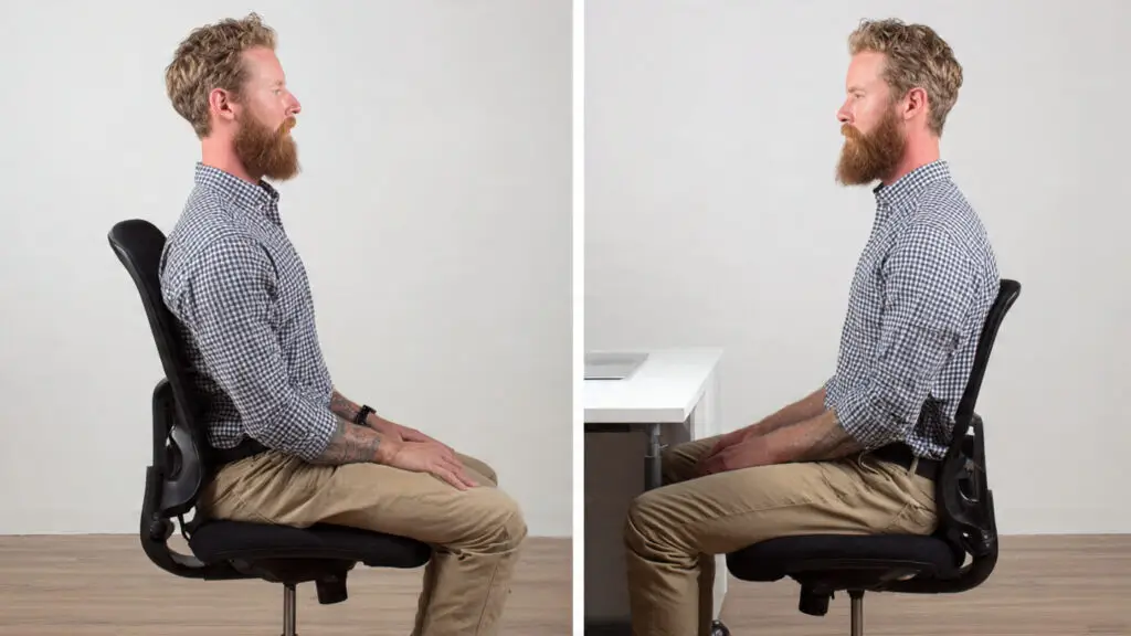 Split image showing bad vs good posture on a study chair