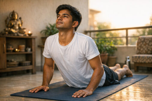 Indian student doing yoga stretching as part of morning routine for students study