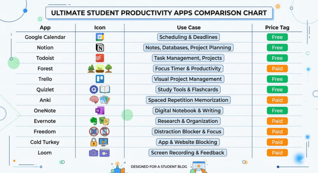 Comparison of 12 best time management tools for students showing free vs paid options