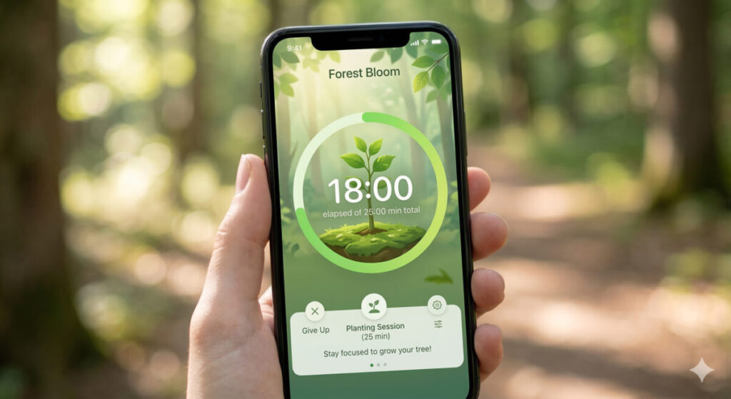 Forest app screenshot showing a growing virtual tree during a focused study session on smartphone