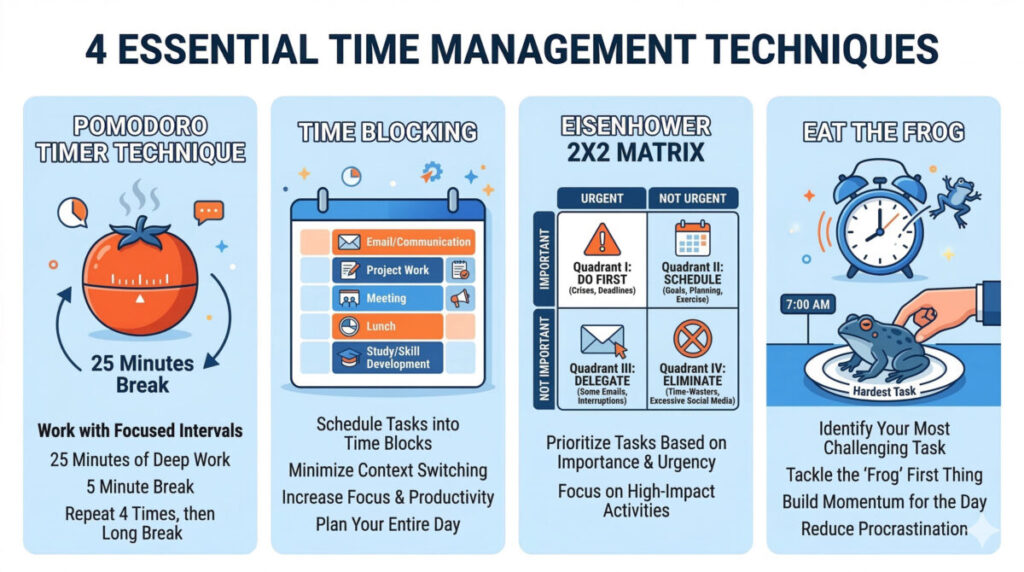 Four time management techniques infographic — Pomodoro, Time Blocking, Eisenhower Matrix, Eat the Frog
