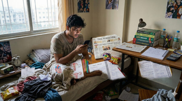 Student making common mistake of checking phone in the morning instead of following morning routine for students study
