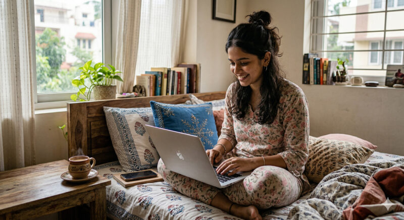 Indian student earning money online through freelancing on laptop