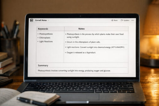Indian student using Cornell method for digital note taking on Notion app on laptop