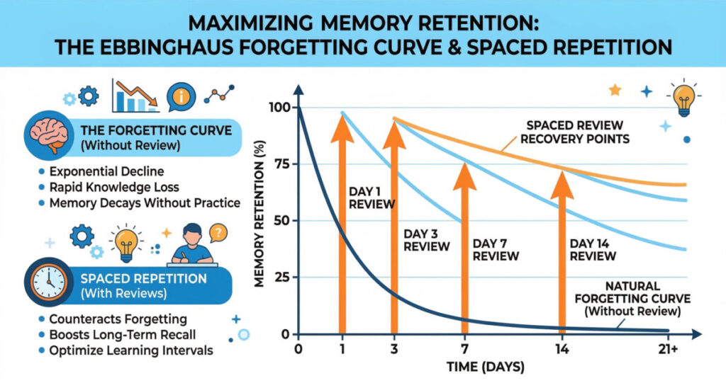 Spaced repetition schedule showing review intervals to beat the Ebbinghaus forgetting curve