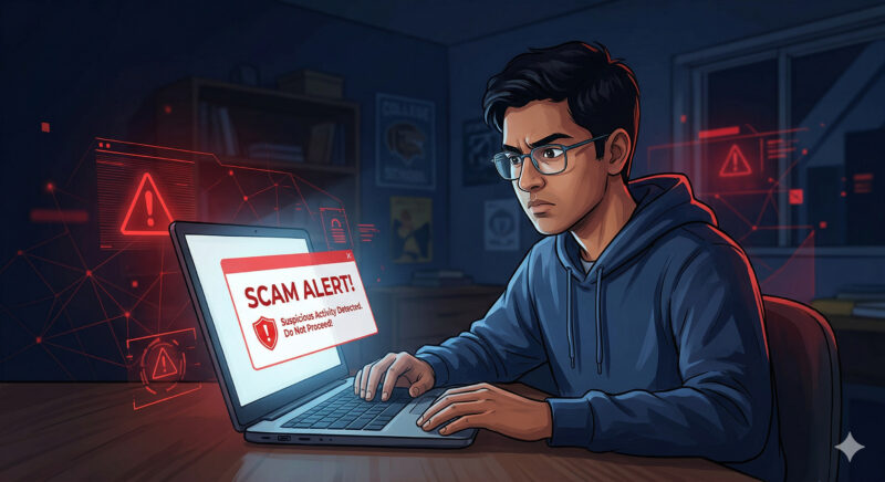 Student avoiding common part time job scams while working on laptop