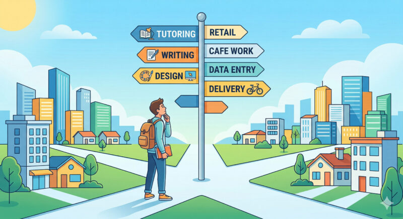 Student thinking about which part time job to choose with career options in mind