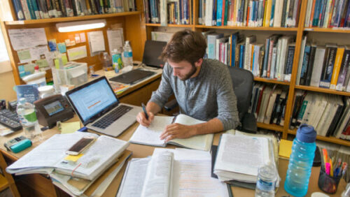 A focused student studying at a well-organized desk