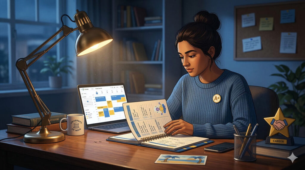 student using time blocking technique with planner and laptop