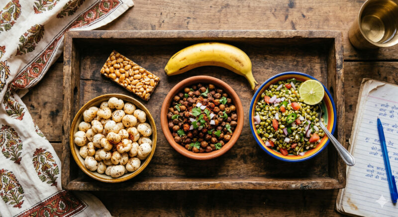 Assortment of healthy Indian evening snacks for students — roasted chana, makhana, peanut chikki, sprouts chaat, and banana on a plate