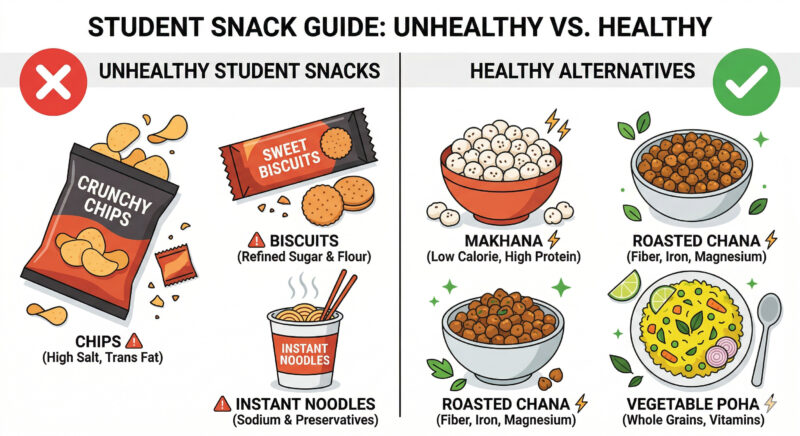 Comparison image of unhealthy student snacks vs healthy alternatives — biscuits vs roasted chana, chips vs makhana, instant noodles vs poha