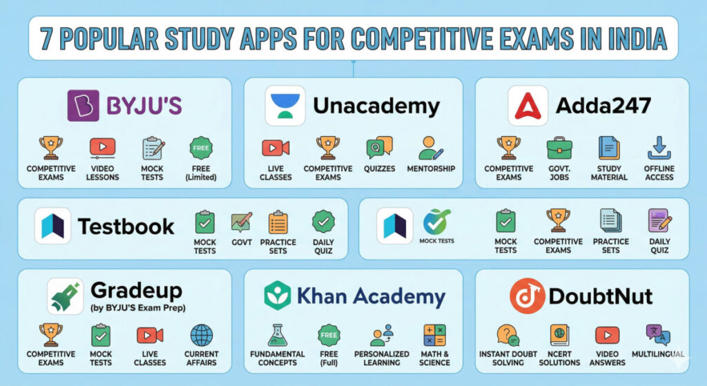 Self study app comparison chart for Indian students 2025