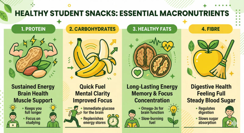 Healthy snack nutrients infographic — protein, carbs, healthy fats, and fibre illustrated for students