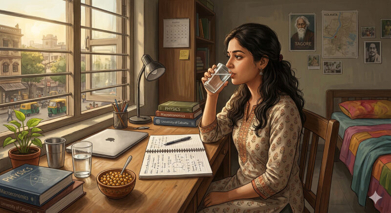 Indian student drinking water and eating a healthy snack during a study break at a clean study desk