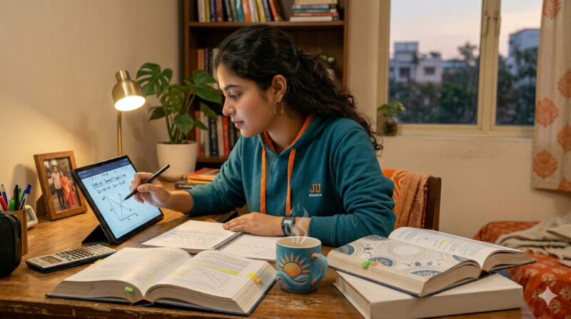 Indian student using a handwritten notes app on Android phone while studying at a desk