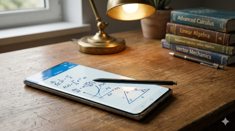 Student using Microsoft OneNote handwritten notes app on Android phone during exam preparation