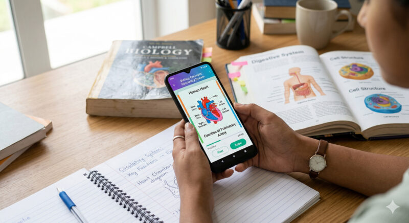 Student using flashcard self study app on Android phone for NEET exam preparation