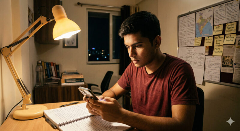 Student using self study app for competitive exam preparation in India