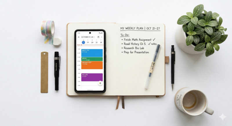 best apps to make study time table at home – Google Calendar and Notion on phone screen