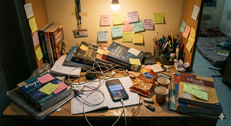 common study desk setup mistakes – cluttered Indian student desk with too many items and bad lighting