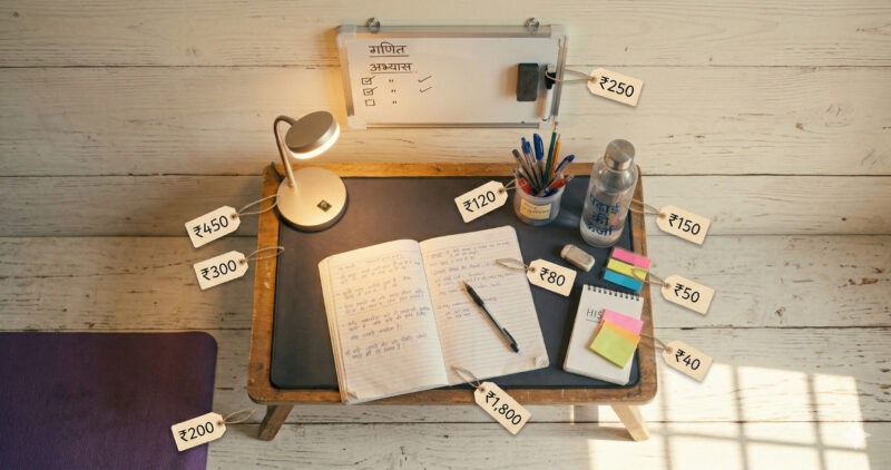 study table setup under 2000 rupees budget breakdown – items listed with rupee prices